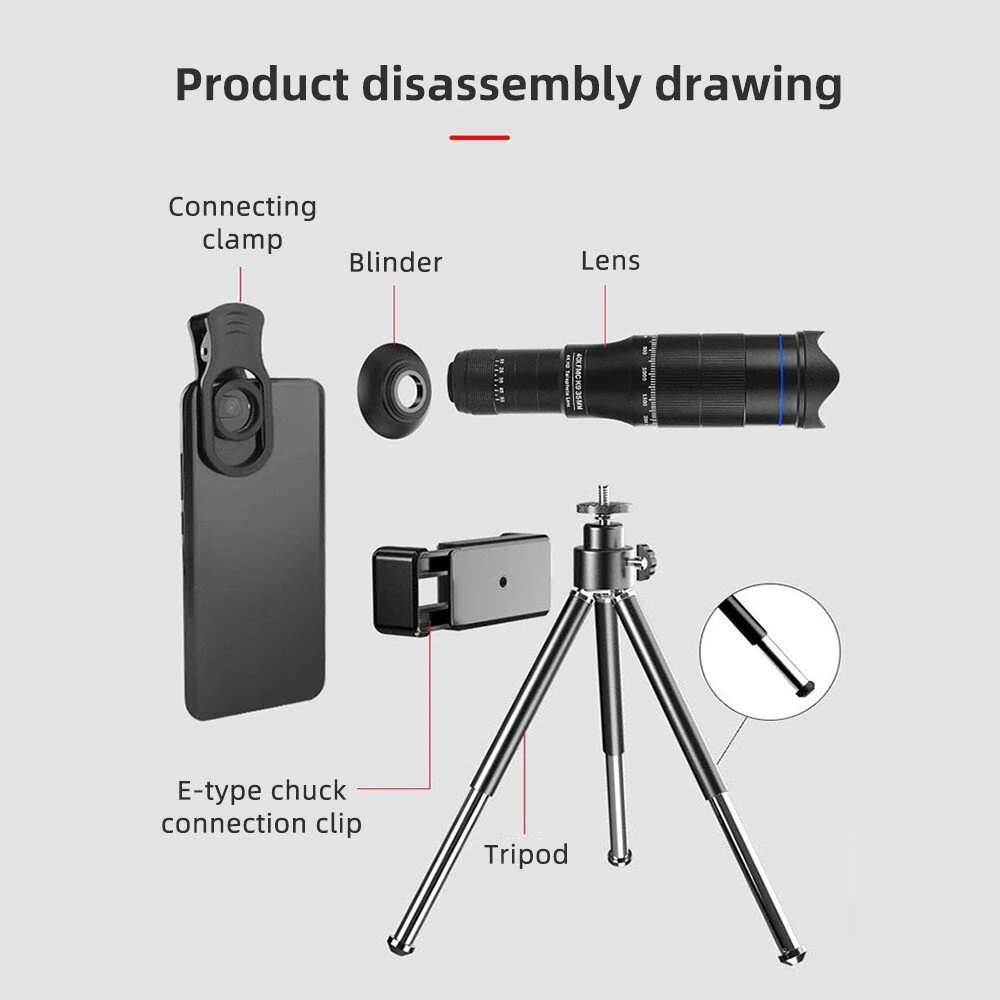 (image for) Zoom Phone Camera HD Lens 40X Long Focus Telephoto Monocular Telescope Optical Glass ED FMC BAK4 with Tripod BT Shutter